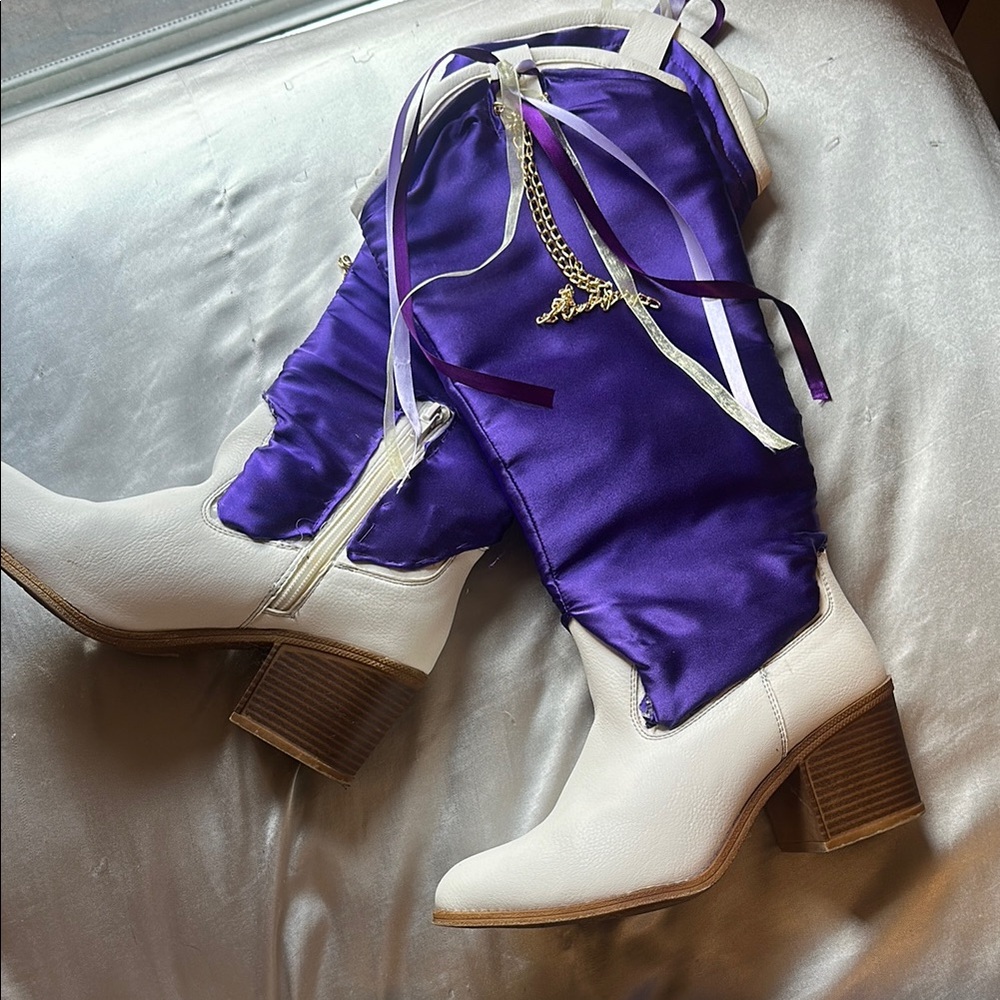 DIY (sew + hot glue) White & Purple Satin Western Boots with bows
